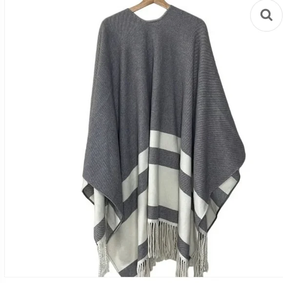Sundance Western Gray White Striped Bohemian Luxe Classic Fringe Shawl Poncho L - Picture 2 of 6